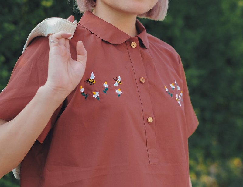 磚色 Lulu 款棉質圓領襯衫 - 女襯衫 - 棉．麻 紅色