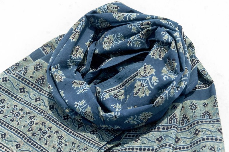 Hand-woven pure silk scarves handmade woodcut printed plant dyed scarves blue dyed cotton scarves - blue mosque flowers - ผ้าพันคอถัก - ผ้าฝ้าย/ผ้าลินิน สีน้ำเงิน