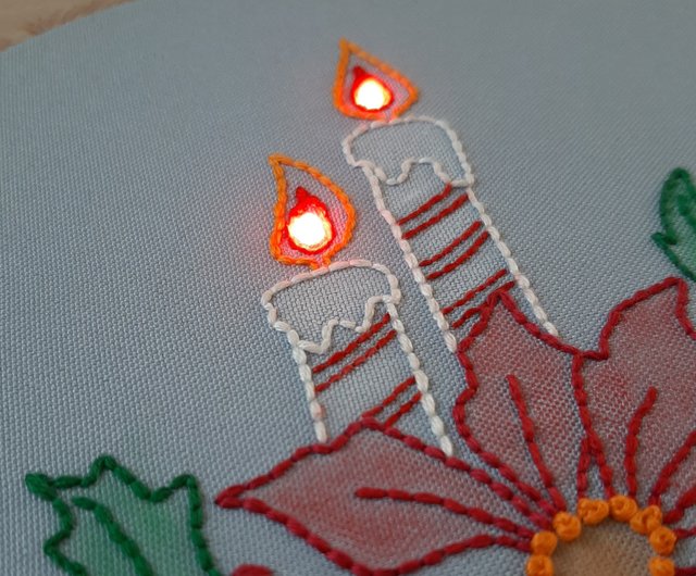 繡圖 刺繍絵 LEDランプ クリスマス ポインセチア 手刺繍