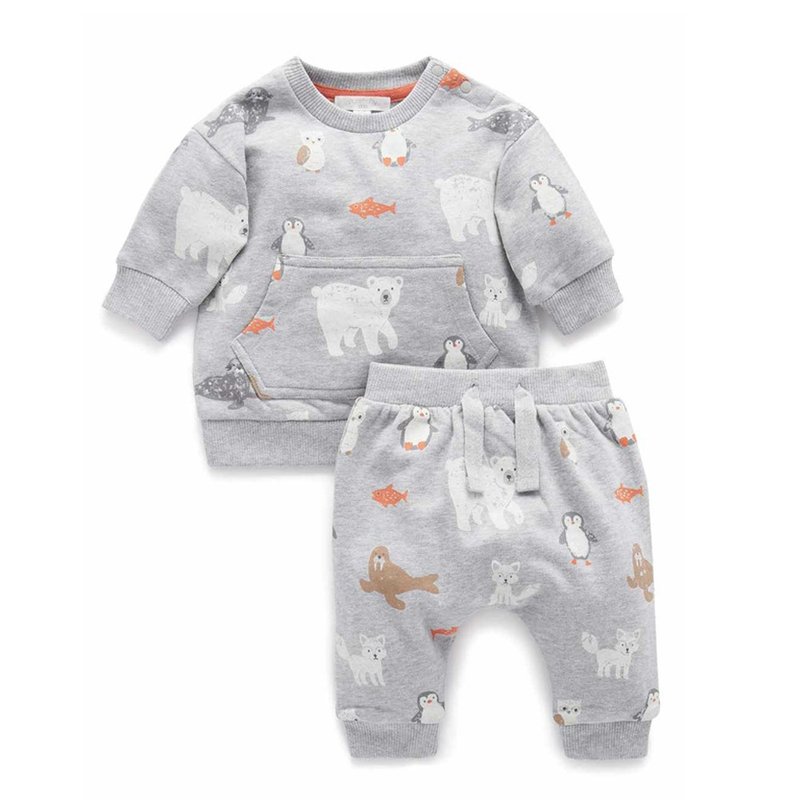 澳洲Purebaby有機棉男/女童長上衣褲套裝 6M-2T 灰色北極熊 - 男/女童裝 - 棉．麻 