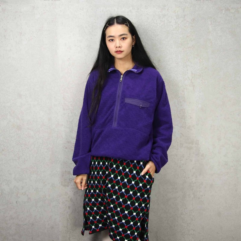 Tsubasa.Y ancient house P03Patagonia deep purple embossed half pull fleece, catching fleece shirt - Men's T-Shirts & Tops - Polyester Purple