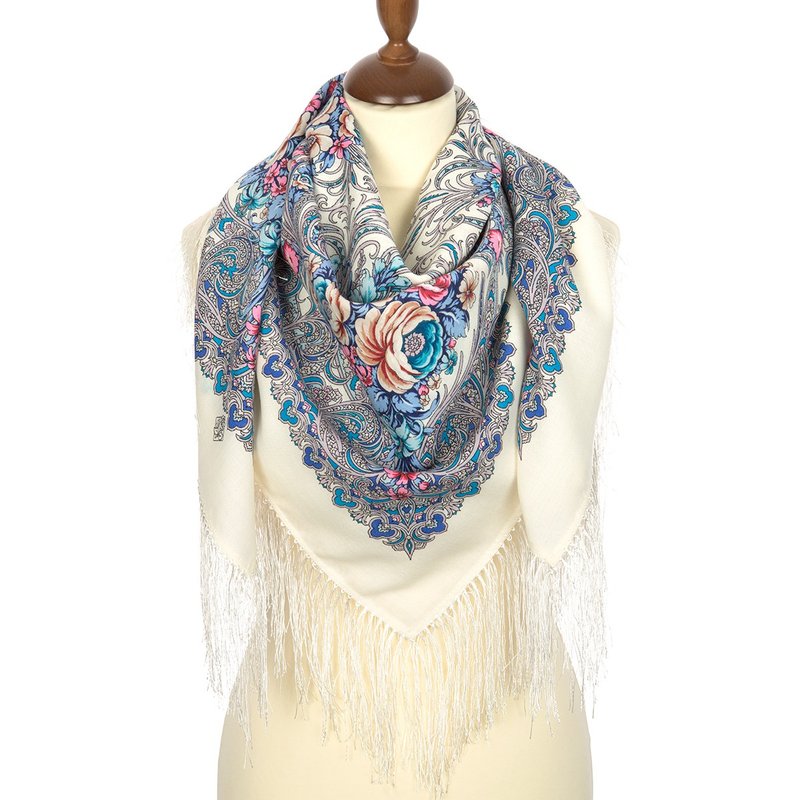 Original Pavlovo Posad Russian Shawl 100% Wool Woolen Scarf 110x110 cm 904-4 - 絲巾 - 羊毛 白色