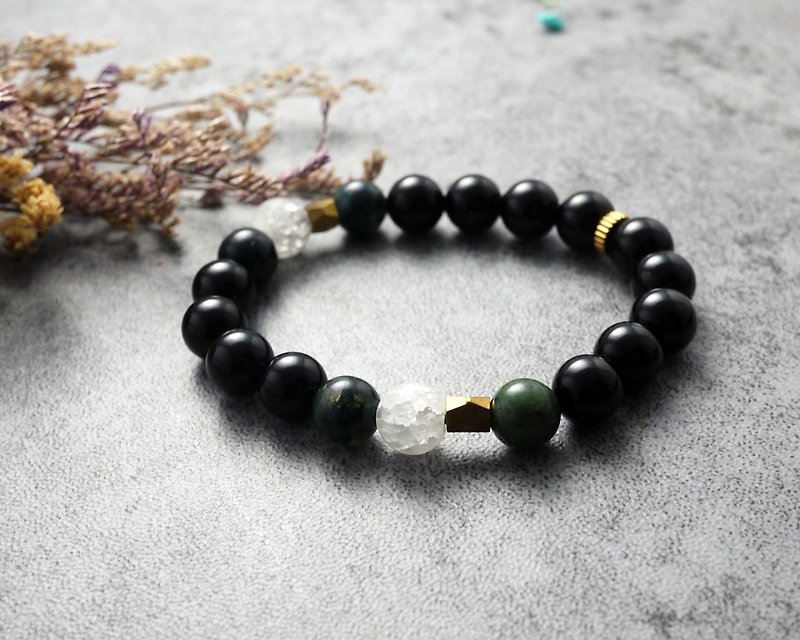 Natural Stone Bracelet - 2N Billy (Brass / Accessories / Gift / Water Grass Agate / White Crystal / Black Onyx) - Bracelets - Gemstone Green