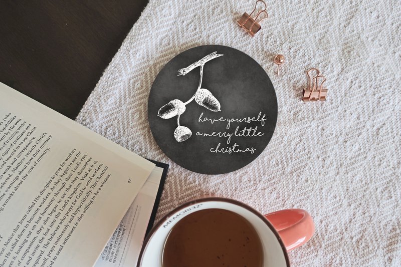 Christmas Coaster with Song Lyrics, Winter Botanical Drawing and Chalkboard - Coasters - Pottery Black