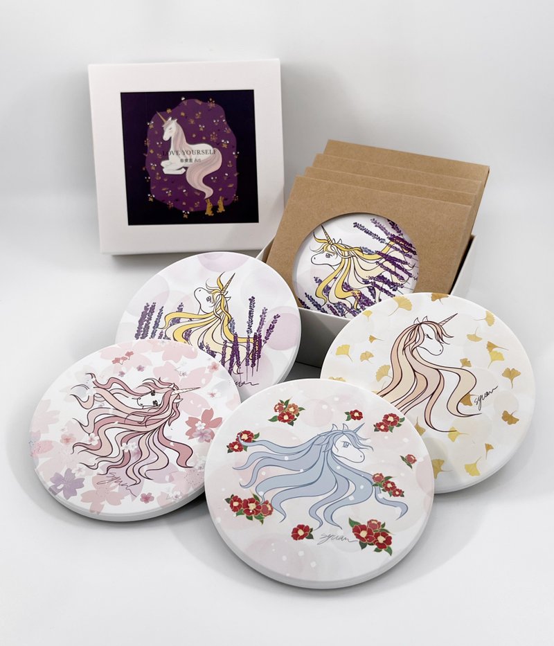 Christmas Gift Unicorn Four Seasons Flower Coasters Set Yingge Ceramic Coasters/Absorbent Coasters - ที่รองแก้ว - ดินเผา 