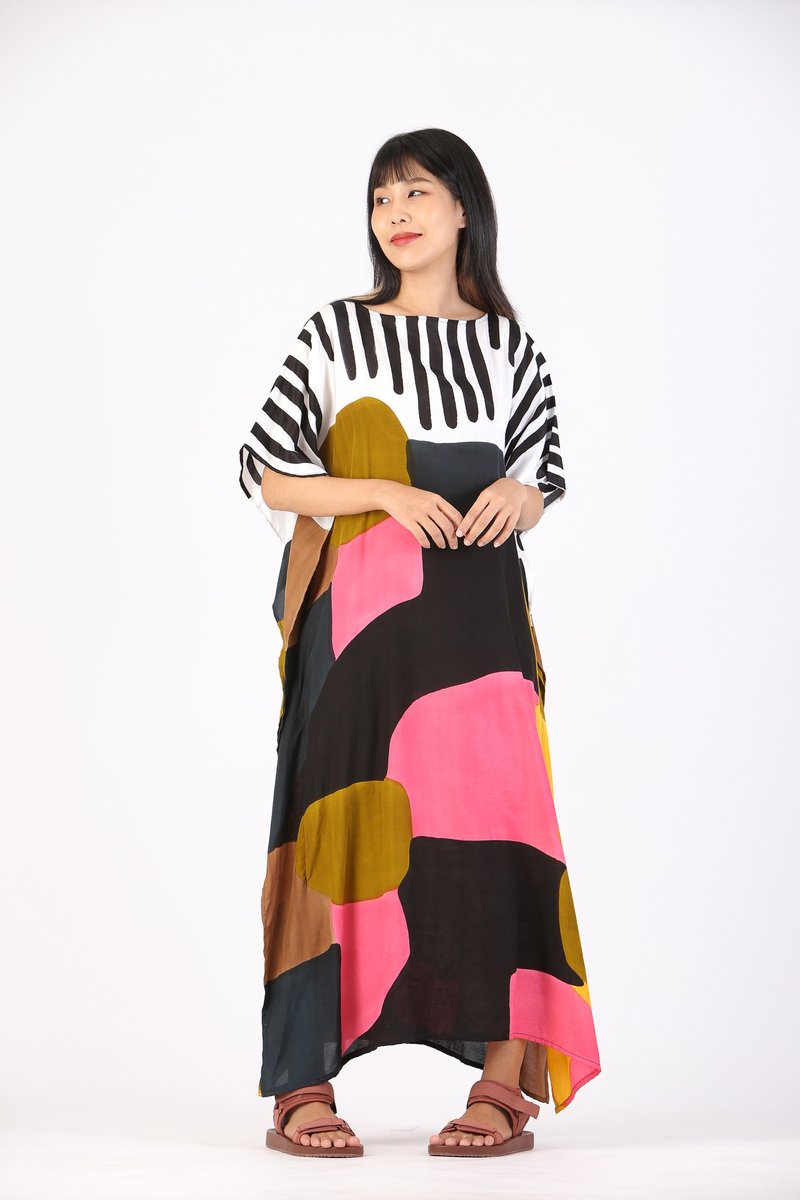 Hand Painted Cotton Silk Kaftan for Summer Resort Vacation F - 洋裝/連身裙 - 棉．麻 多色