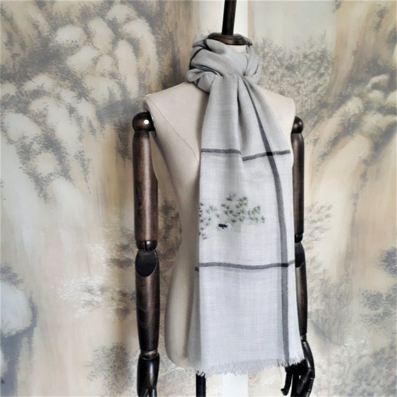 super fine 300s pure cashmere hand embroidery scarf - seaweed & fish - Knit Scarves & Wraps - Wool Gray