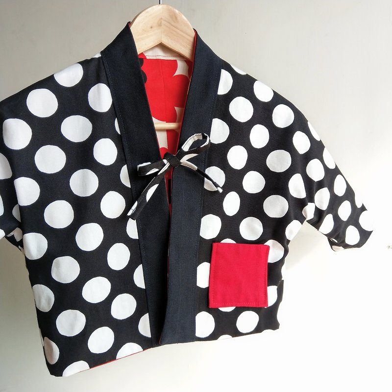 Breeze strappy jacket - thick black and white jade x thick red flower - Coats - Cotton & Hemp 