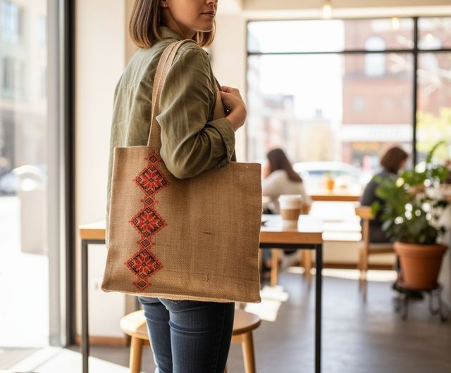 ウクライナ刺繍入り手作りリネンバッグ エスニック模様のエコ