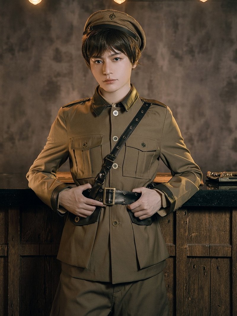 蒸汽朋克 單排扣 長袖紐扣 卡其色 中長男款制服 西服外套 - 男夾克/外套 - 其他人造纖維 卡其色