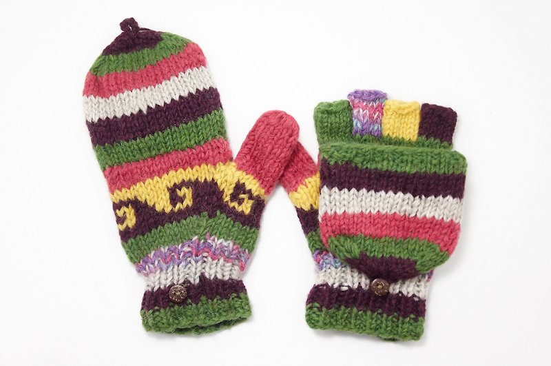Valentine’s Day gift limited one piece knitted pure wool warm gloves/ 2ways gloves/ open-toed gloves/ inner bristle gloves/ knitted gloves-mixed forest color matching ethnic totem - Gloves & Mittens - Other Materials Multicolor
