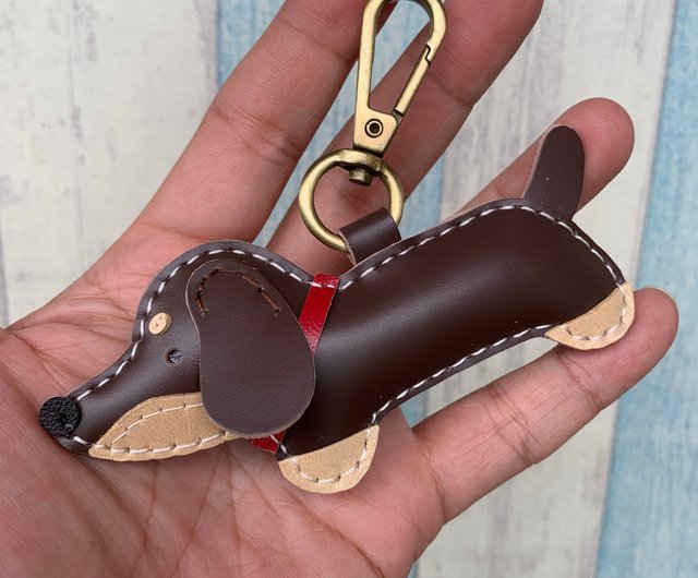 Healing small things brown cute dachshund dog hand-stitched leather  keychain small size