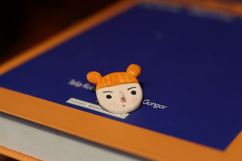 Handmade ceramic brooch cute balls orange hair girl - เข็มกลัด - ดินเผา สีส้ม