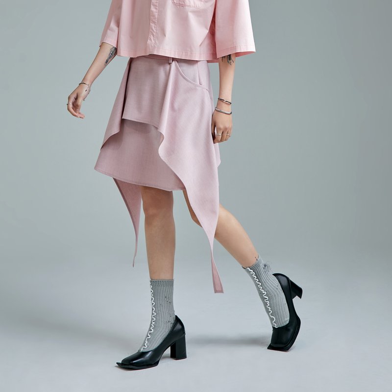 飄帶層次感短裙 - 裙子/長裙 - 聚酯纖維 粉紅色