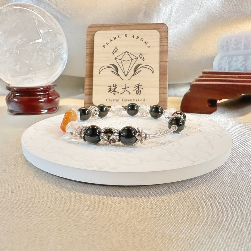 幽夜之羽 瑪瑙花・黑曜石・白水晶・純銀手鍊 天蠍座星座設計 - 手鍊/手環 - 水晶 黑色