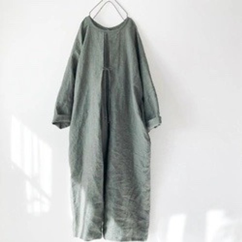 Dull color**gray-blue-green Washed sun-dried Linen 100%**Small ribbon and tuck** dress - General Rings - Other Metals 