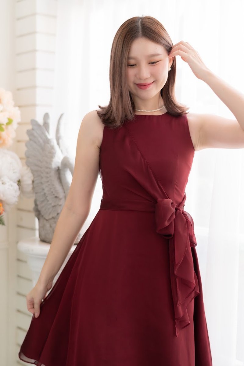紅色禮服 Kamila - Red wedding chiffon dress summer party prom burgundy bow dress - 洋裝/連身裙 - 聚酯纖維 紅色
