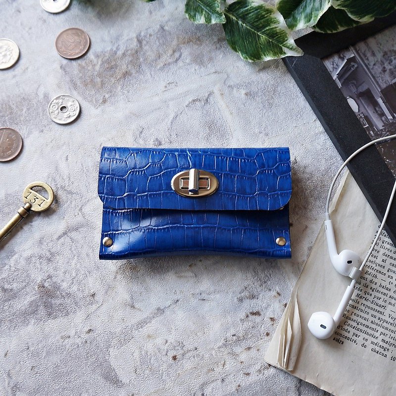 Crocodile embossed leather genuine leather coin case (BLUE) - กระเป๋าใส่เหรียญ - หนังแท้ สีน้ำเงิน