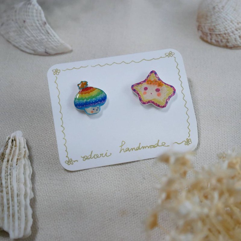 Rainbow starfish baby. Pure hand-painted illustration crystal resin ear pin earrings - ต่างหู - เรซิน 