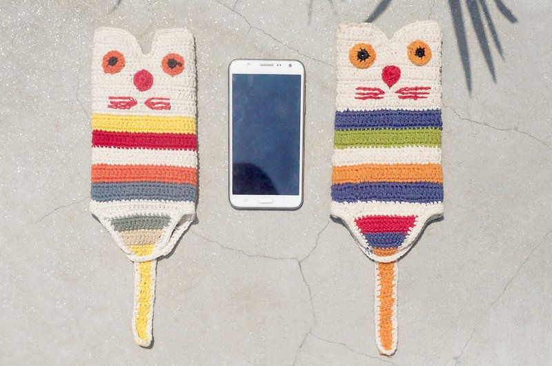 Valentine's Day gift handmade limited hand-feel woven cotton mobile phone bag / iphone mobile phone case / shoulder bag / small bag / leisure card case / travel bag-rainbow striped crocheted cat - Phone Cases - Cotton & Hemp Multicolor