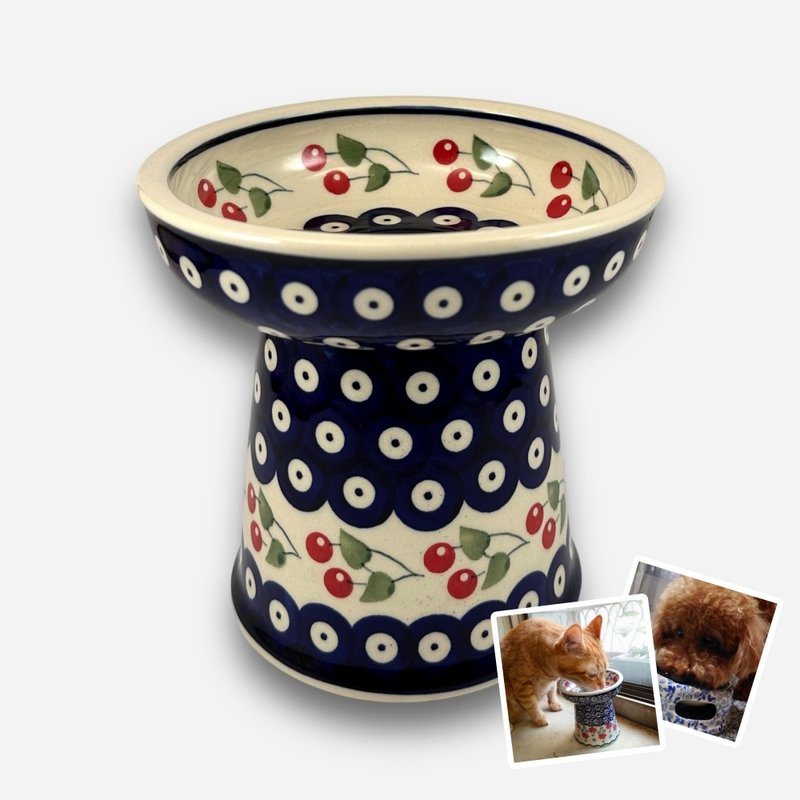 波蘭手繪手工陶-寵物碗 高腳碗 貓咪/小型犬適用 14cm - 寵物碗/碗架/自動餵食器 - 陶 多色