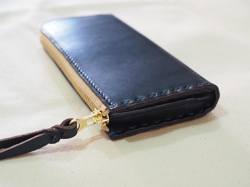 Wファスナーの長財布 / ネイビー - 銀包 - 真皮 藍色