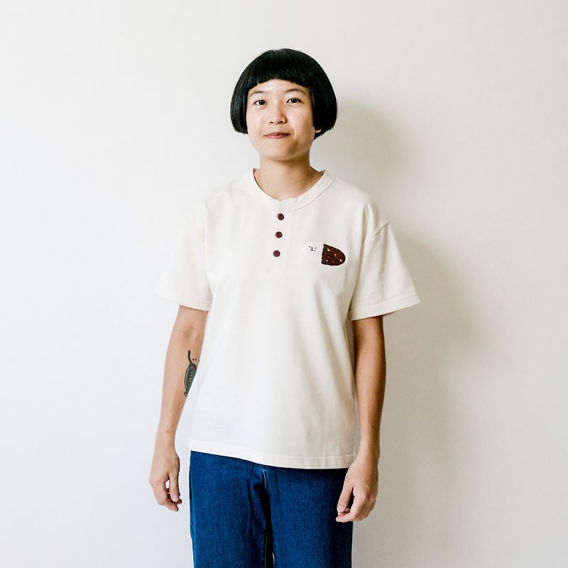 Curry rice Henley Shirt - เสื้อฮู้ด - ผ้าฝ้าย/ผ้าลินิน ขาว