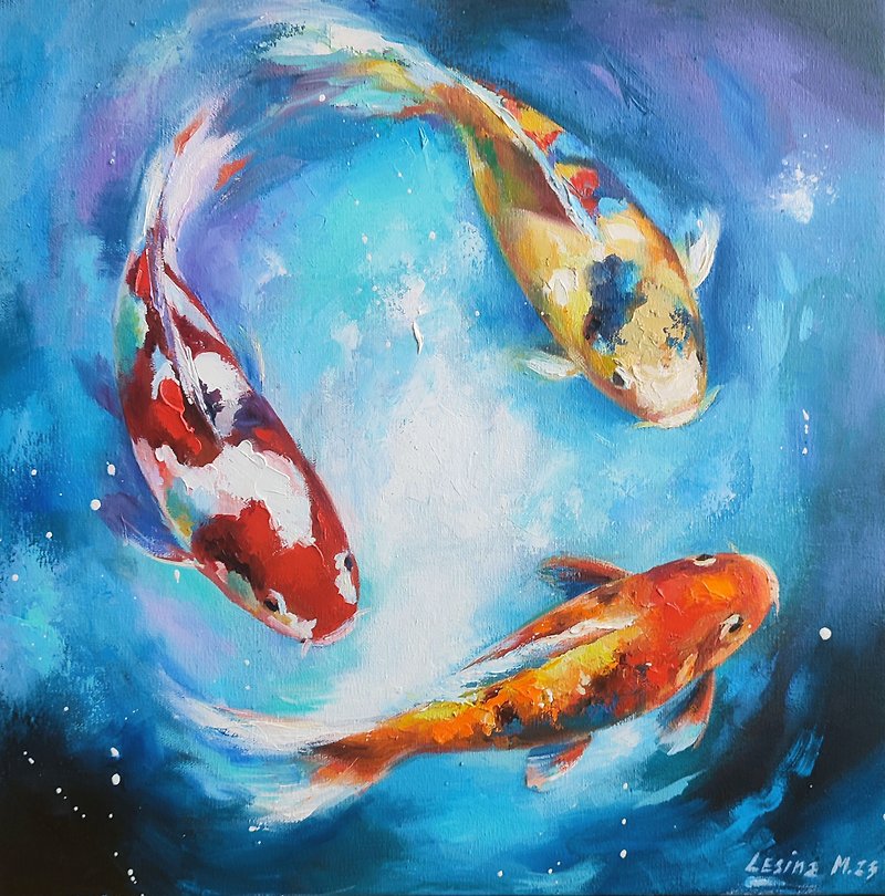 其他材質 壁貼/牆壁裝飾 - Koi Fish Painting Carp Oil Art Feng Shui Painting Japanese A