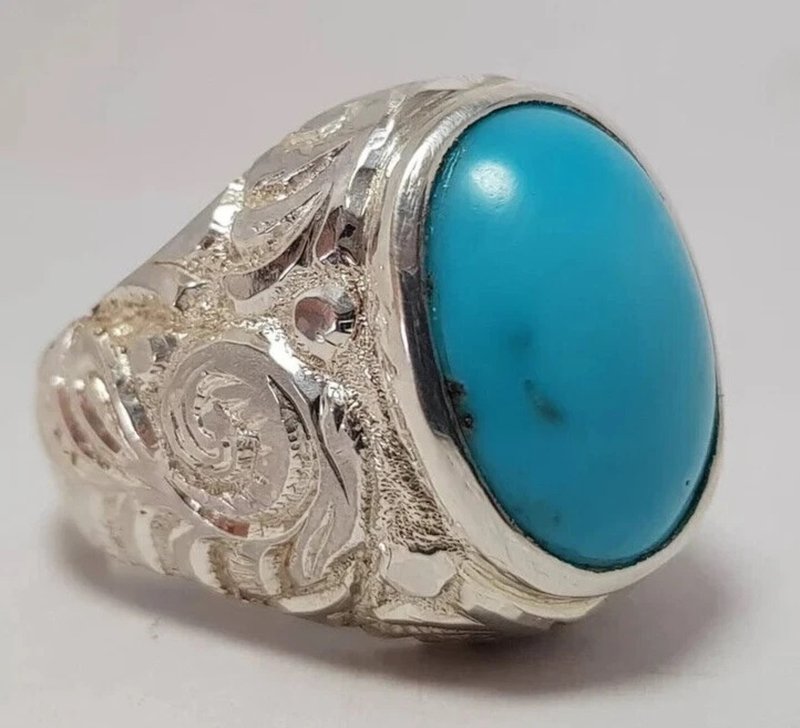 Beautiful Turquoise ring Engraved Feroza ring Mens Big Turquoise ring Mens Gift - 戒指 - 寶石 藍色