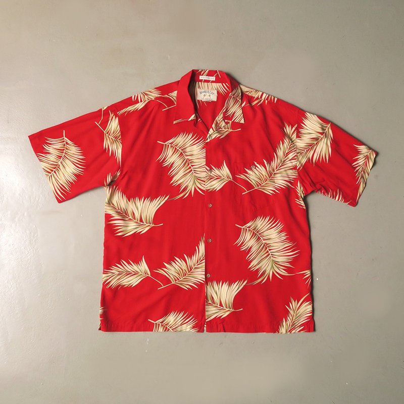 橘紅色印花古著夏威夷襯衫 - 女襯衫 - 其他人造纖維 紅色