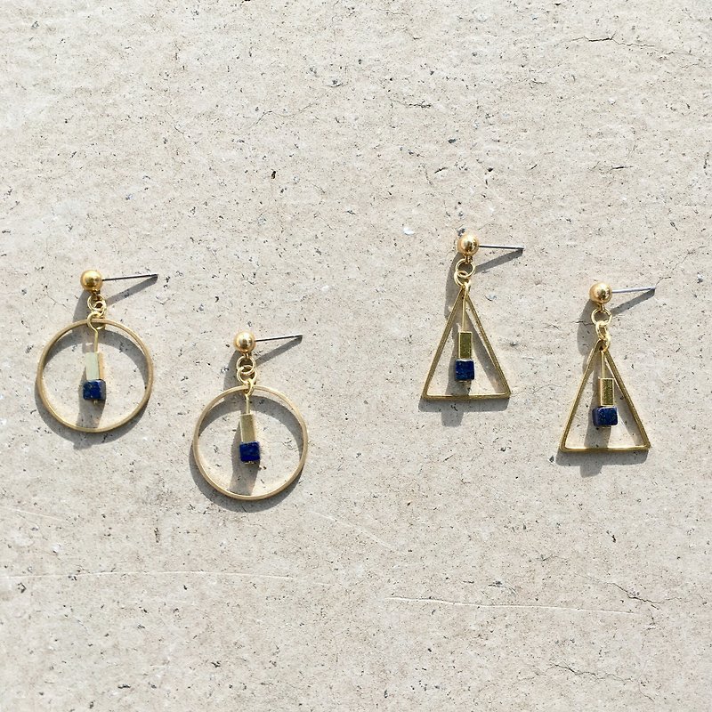 Lapis Lazuli Triangle/Round Earrings Clip-On - ต่างหู - ทองแดงทองเหลือง สีน้ำเงิน
