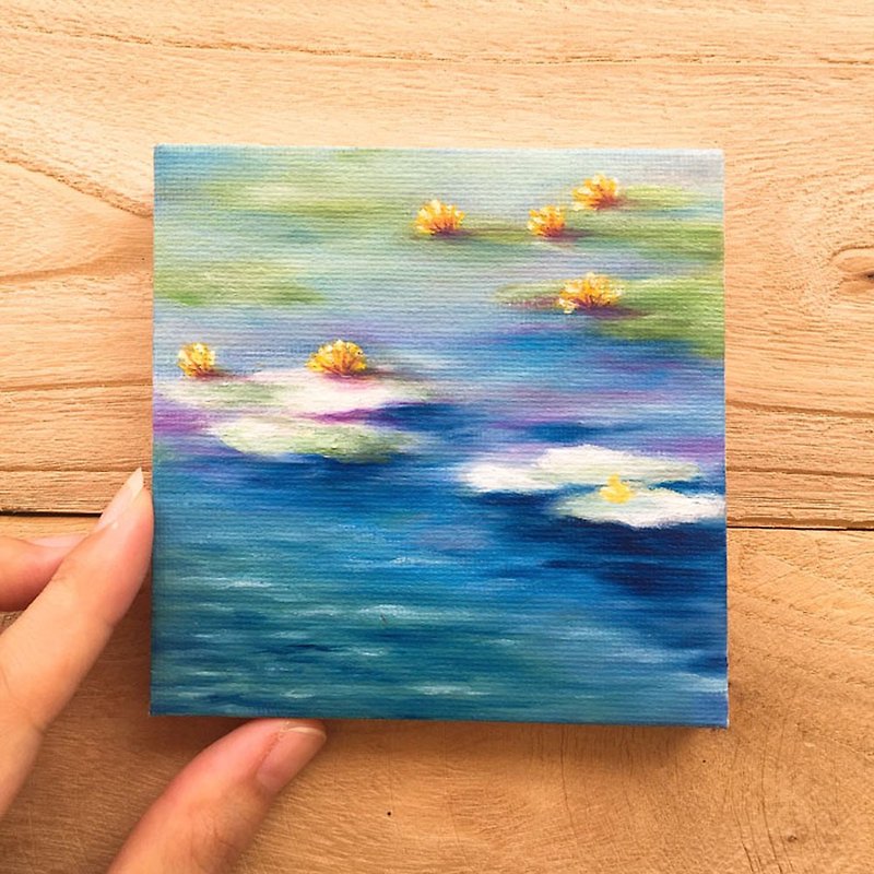 Lotus Pond Oil Painting. Impressionist Mini Landscape Water Lily Flower Art. - Posters - Cotton & Hemp 