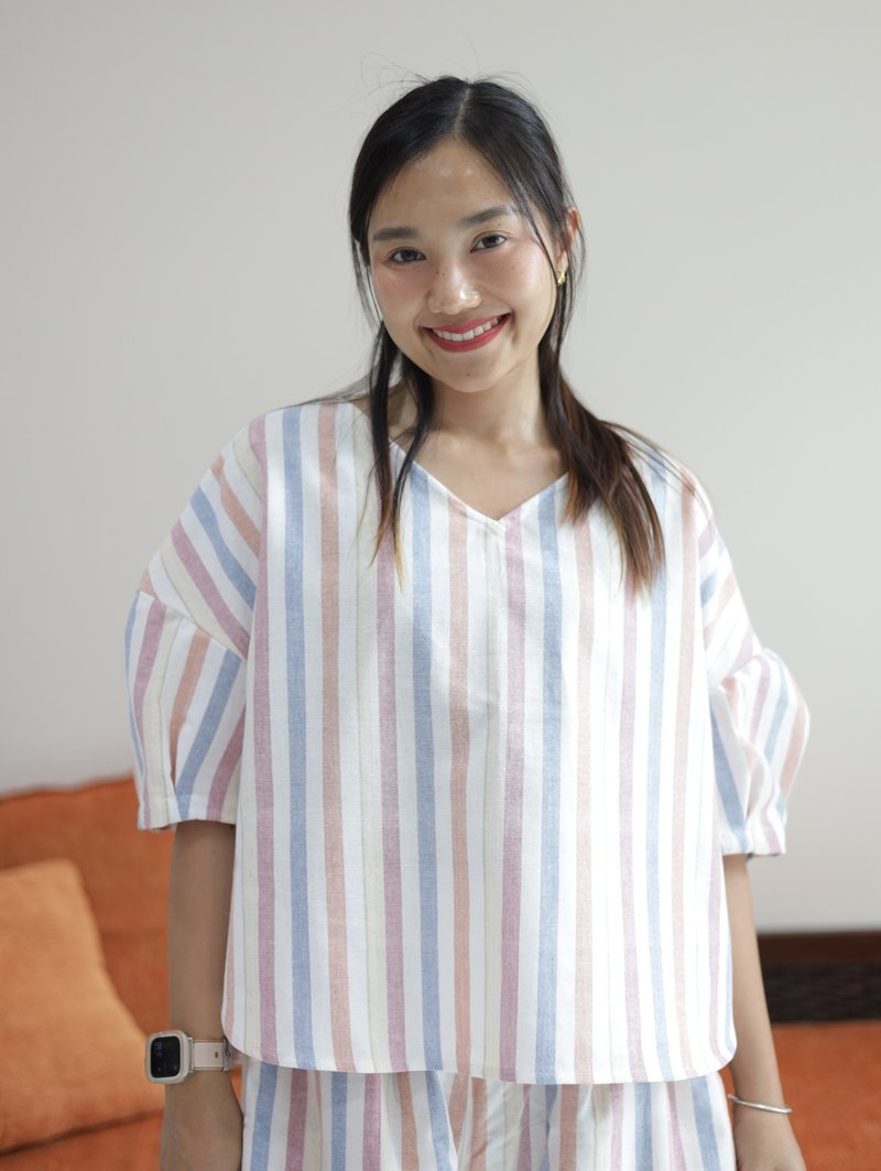 V領寬鬆上衣 - 女上衣/長袖上衣 - 棉．麻 多色