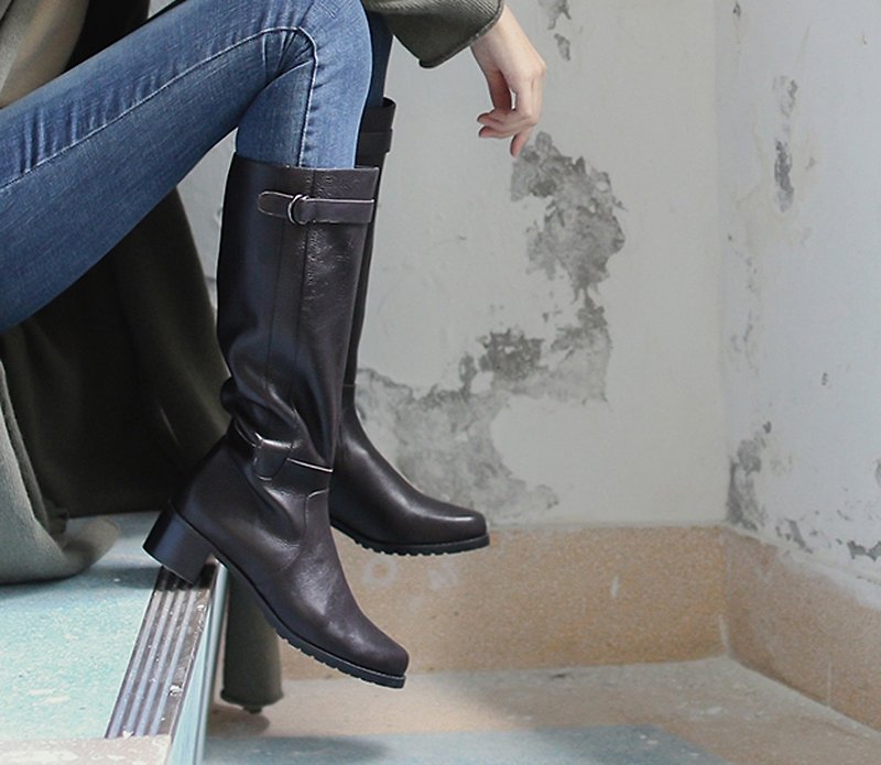 College retro knee leather boots dark brown - รองเท้าบูทยาวผู้หญิง - หนังแท้ 