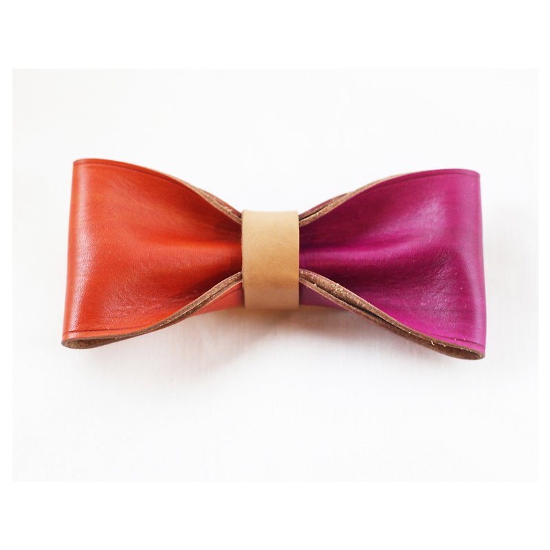 Clip on vegetable tanned leather bow tie - Orange / Fuchsia color - Ties & Tie Clips - Genuine Leather Orange