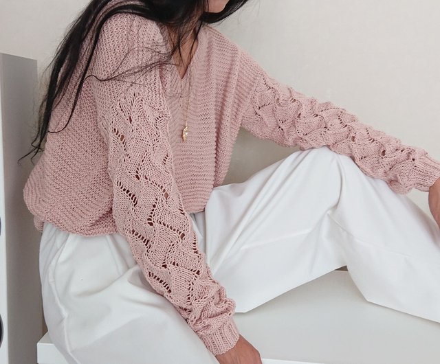 Lace sleeve sweater V neck pullover Cotton long sleeve knit top