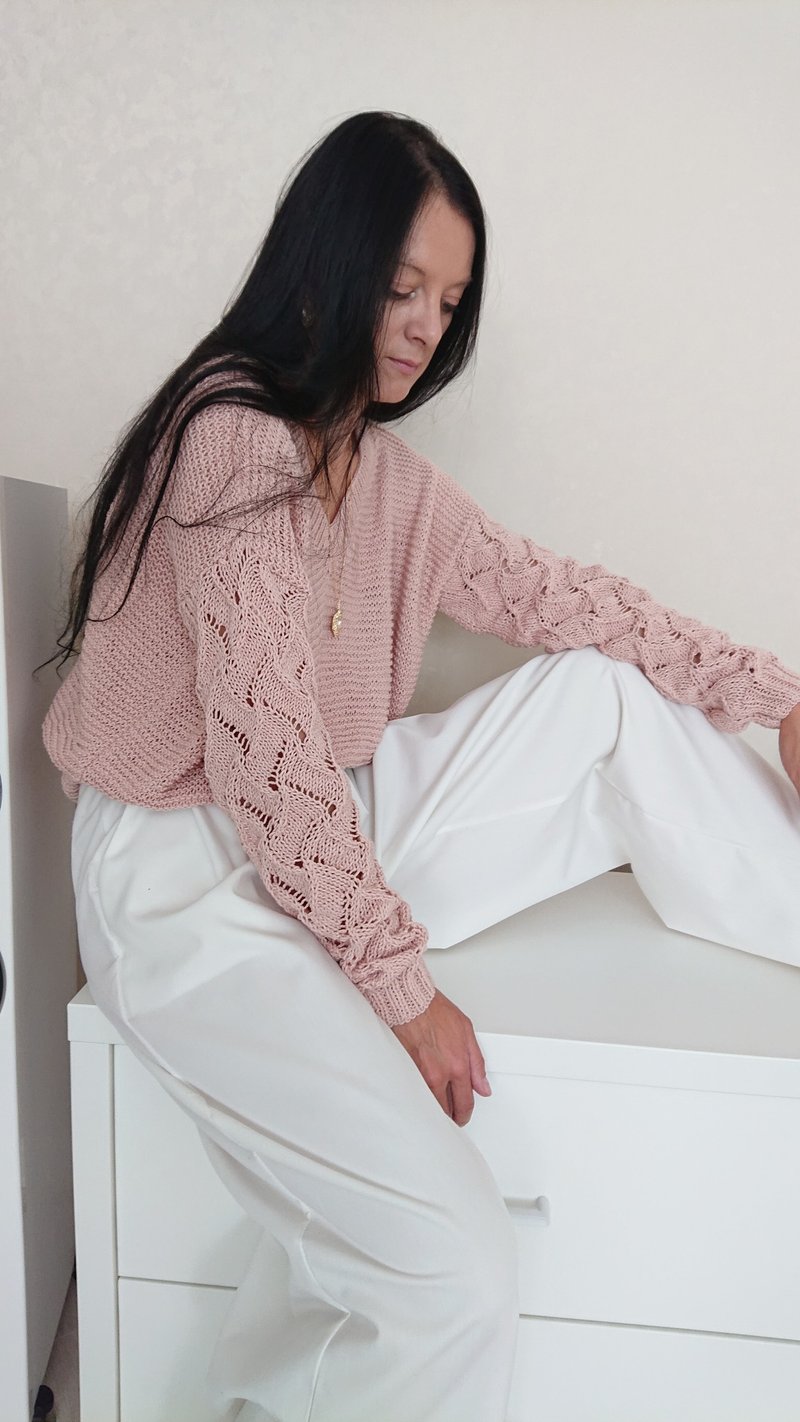 Lace sleeve sweater V neck pullover Cotton long sleeve knit top Oversize sweater - 女毛衣/針織衫 - 棉．麻 