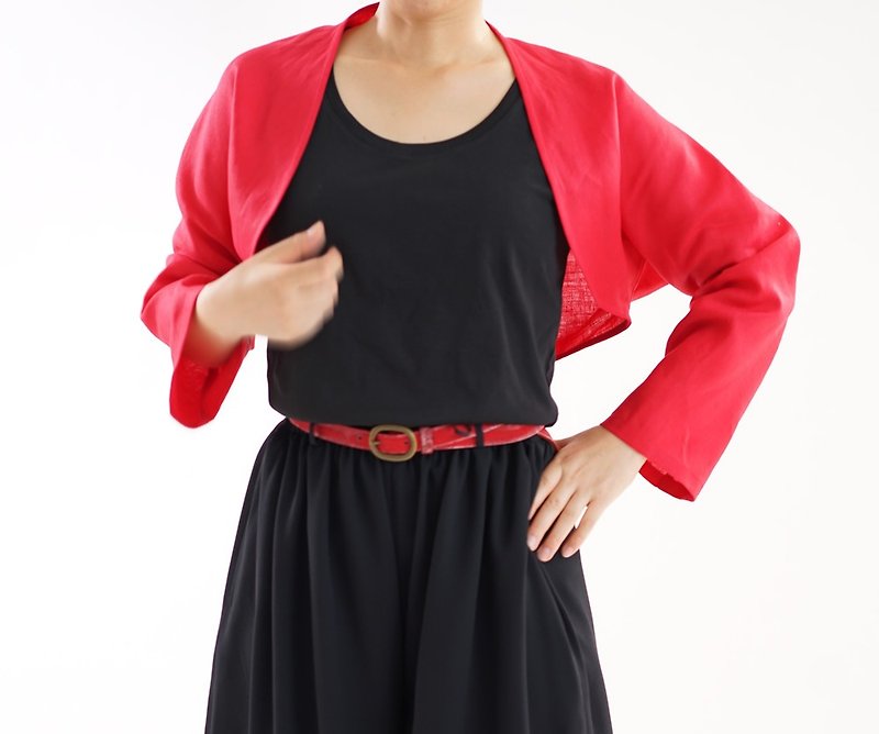 Linen Bell Sleeve Margaret Bolero / Rouge h006a-rgu2 - 外套/大衣 - 棉．麻 紅色