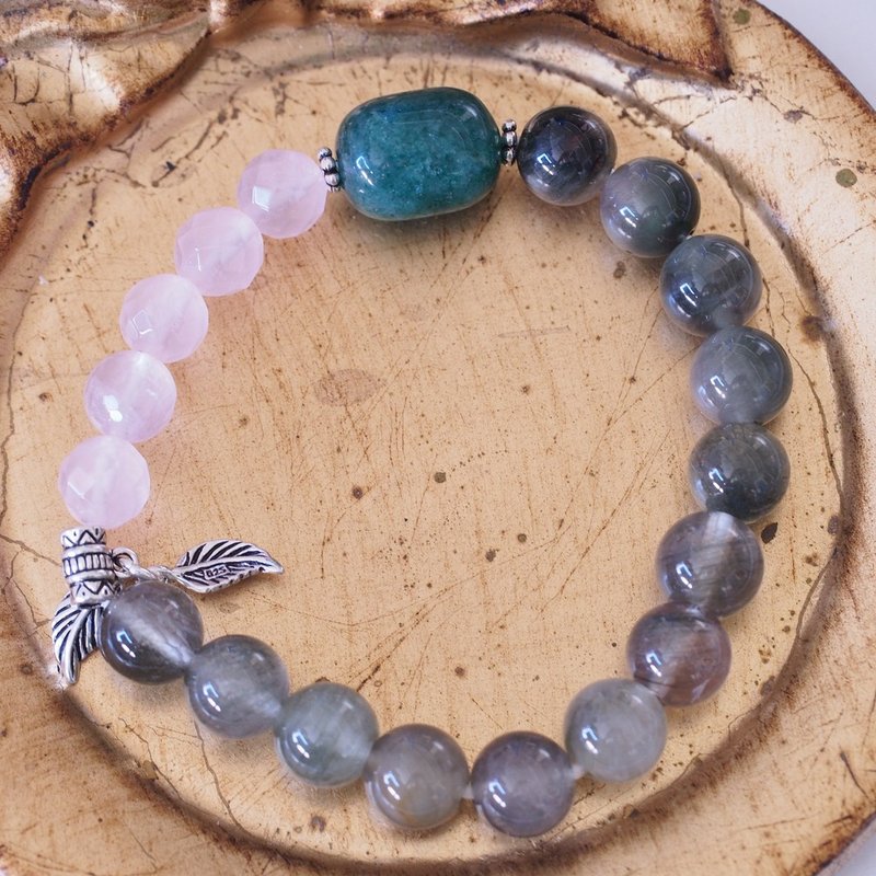 東菱玉 粉晶 綠髮晶 純銀手環 Aventurine green rutile Bracelet - 手鍊/手環 - 水晶 綠色