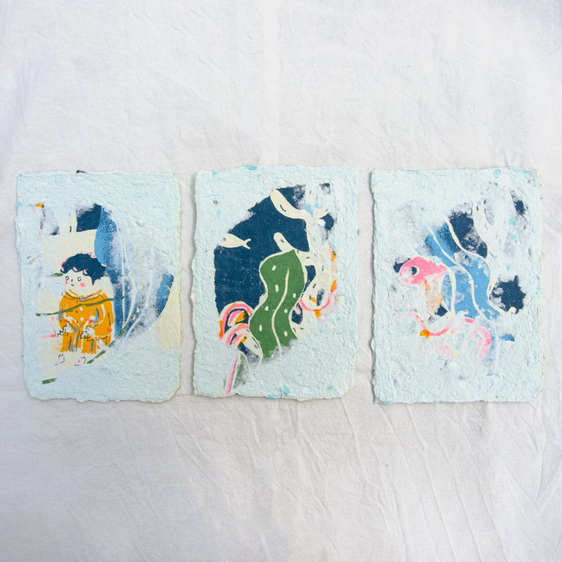 [Hand-painted/Card Set] Fish Tank (1 set of 3 cards) - Cards & Postcards - Paper Blue