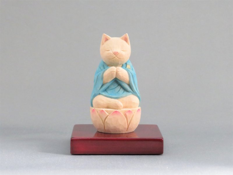 Wood carving Cat Buddha 1917 - ตุ๊กตา - ไม้ สีน้ำเงิน