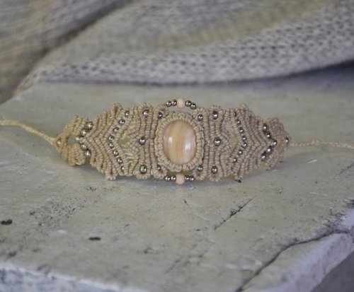 Beige macrame bracelet, yellow lace agate jewelry, bohemian style