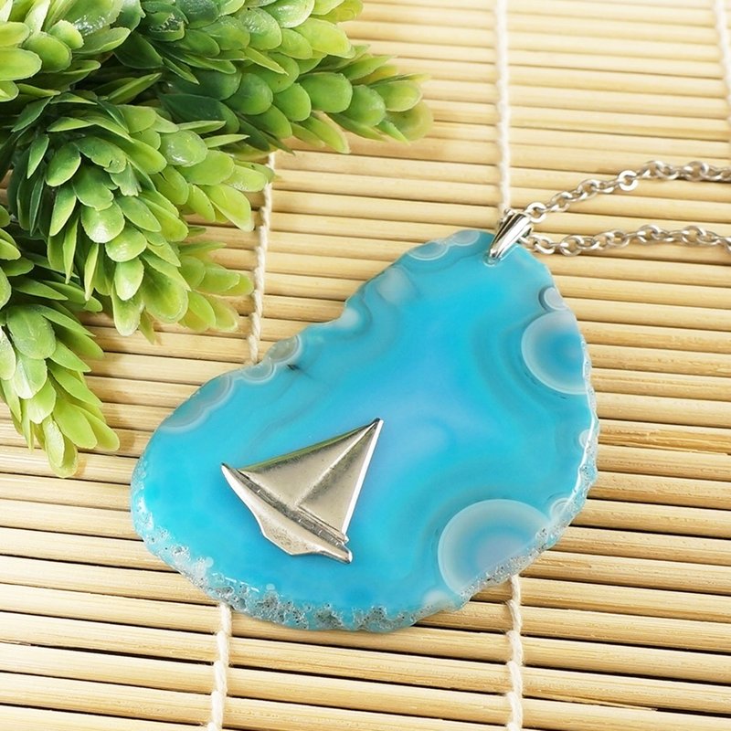 Silver Boat Ship Necklace Blue Agate Slice Slab Stone Pendant Necklace Jewelry - 項鍊 - 半寶石 藍色