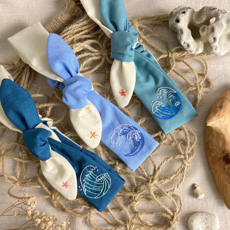 Inspiration of the Sea Summer Edition-Beach Waves Two-color Bow Hand Embroidered Headband - Headbands - Thread Multicolor