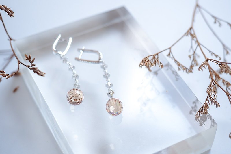 Exquisite long dangle sterling silver earring with 10 mm champagne crystal balls - 耳環/耳夾 - 純銀 黃色