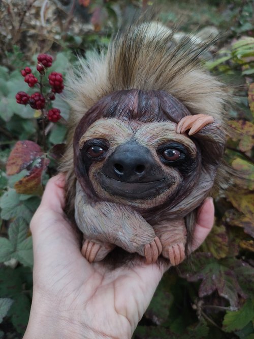 かわいいナマケモノのアートドール、動物の置物、OOAK Art toy、手作り