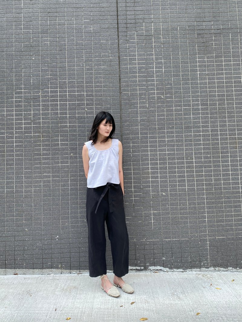 抽皺鬆緊帶背心 - 背心/無袖上衣 - 棉．麻 藍色