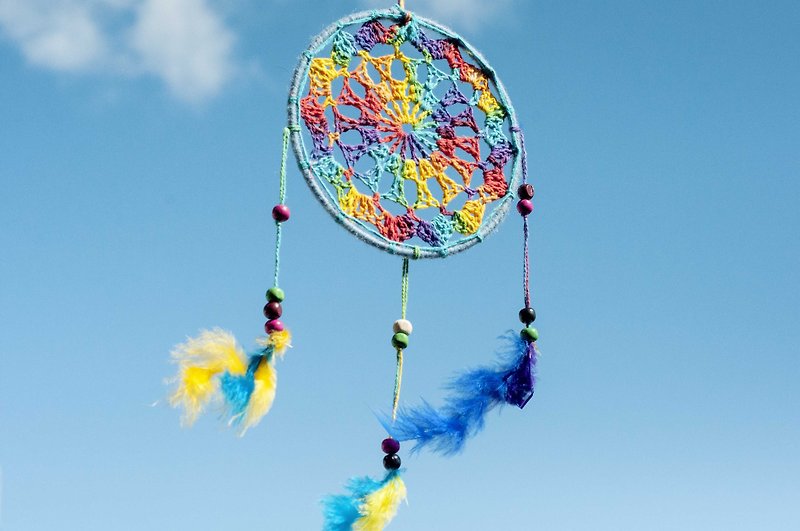 Boho ethnic style hand-woven cotton and linen rainbow color dream catcher - light blue rainbow crochet lace - ของวางตกแต่ง - ผ้าฝ้าย/ผ้าลินิน หลากหลายสี