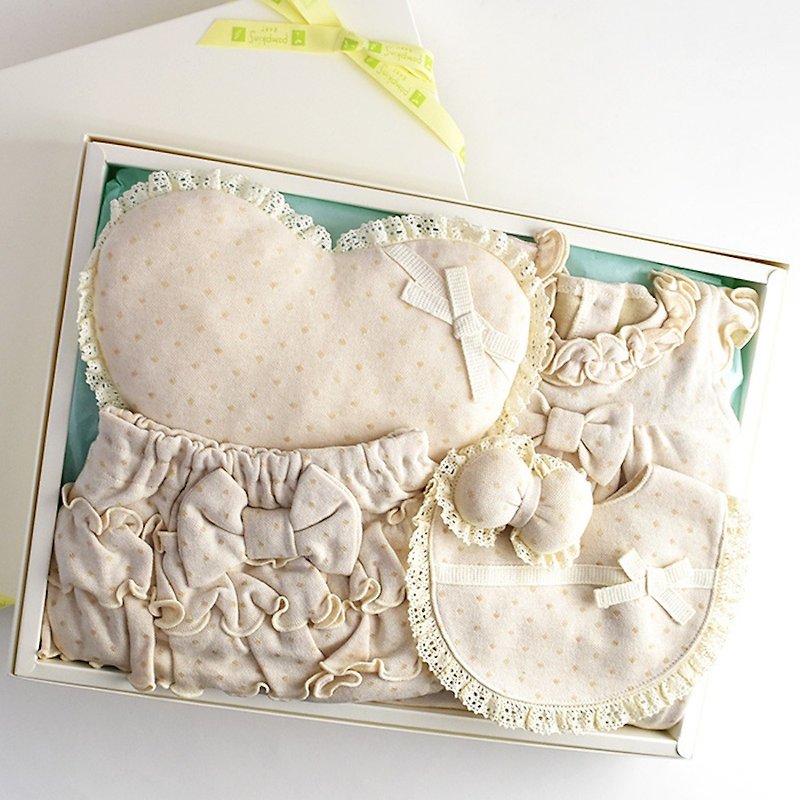 [Limited to Pinkoi store] Gift set RG-1 100% organic cotton ribbon + lace tunic bloomer mini style rattle hugging pillow 5 piece set - ของขวัญวันครบรอบ - ผ้าฝ้าย/ผ้าลินิน ขาว