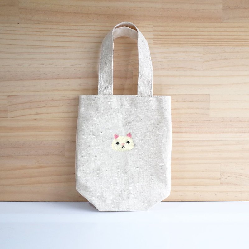 【Q-cute】飲料提袋系列-貓貓頭/客製化-可加字 - 杯袋/飲料提袋 - 棉．麻 多色